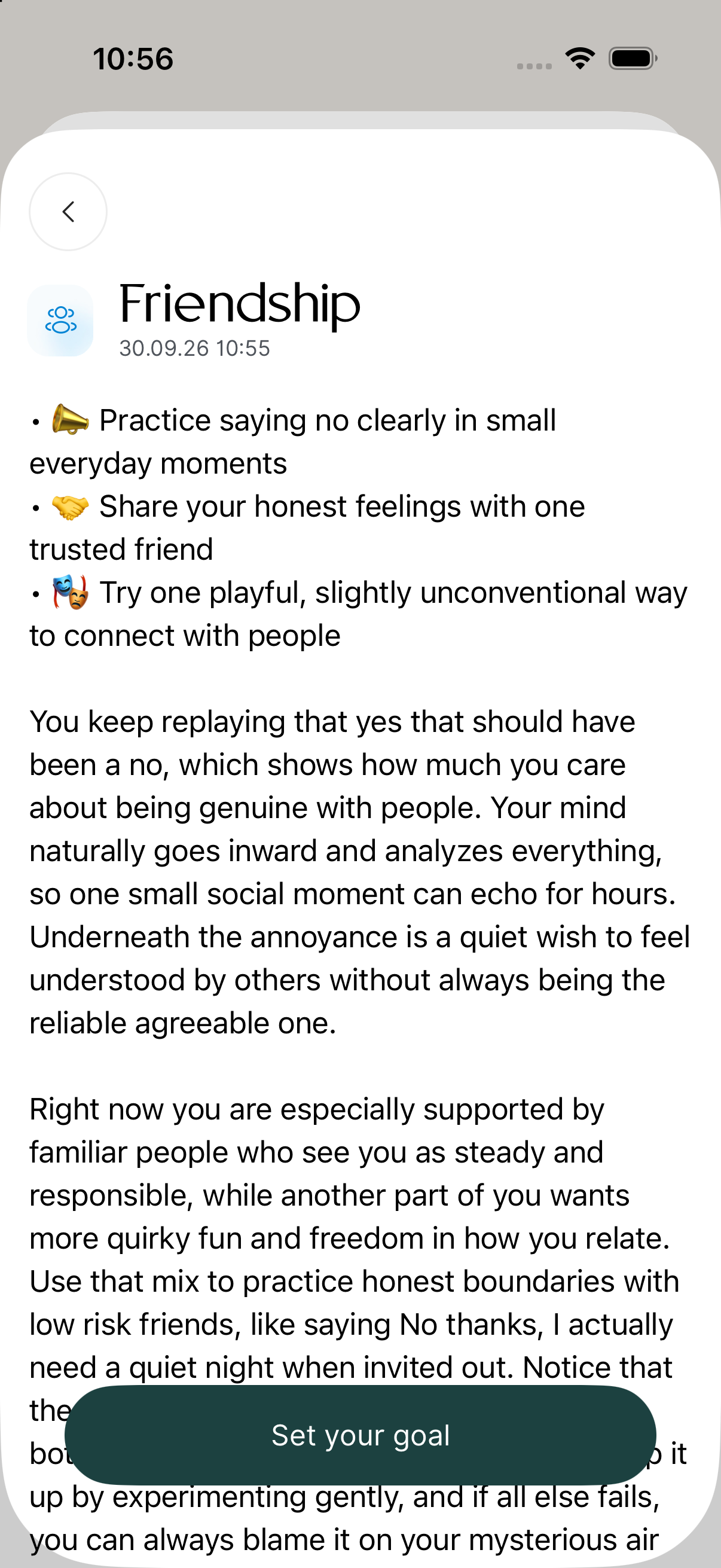 Actual iMinde Friendship response suggesting clear boundaries, honest feelings and playful ways to connect.