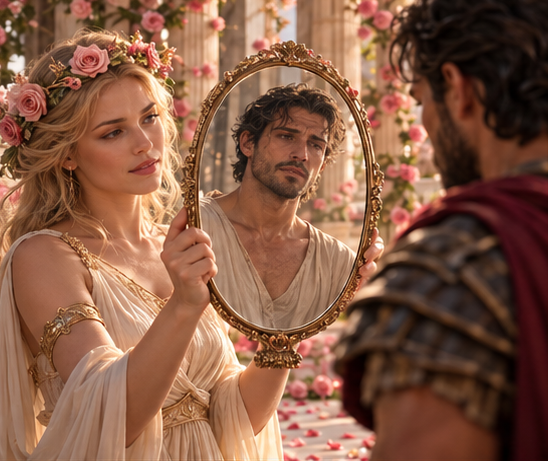 Venus with an antique mirror in iMinde’s mythological visual storytelling.